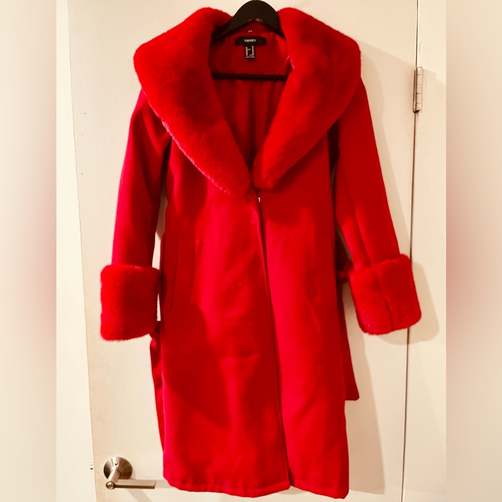 Forever21 Red Coat with fake fur accents on arms and collar